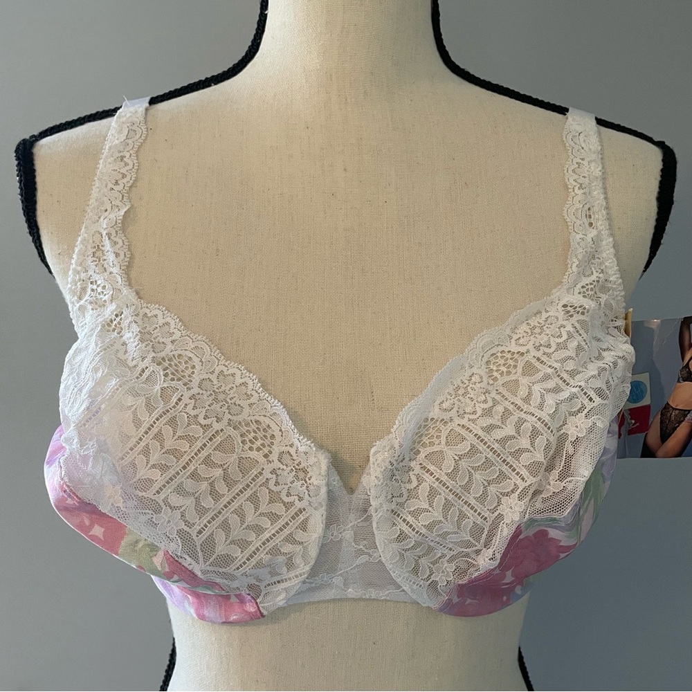 Lily of France Dolores bra unlined seamed floral lace pin up cottage vtg 34DD